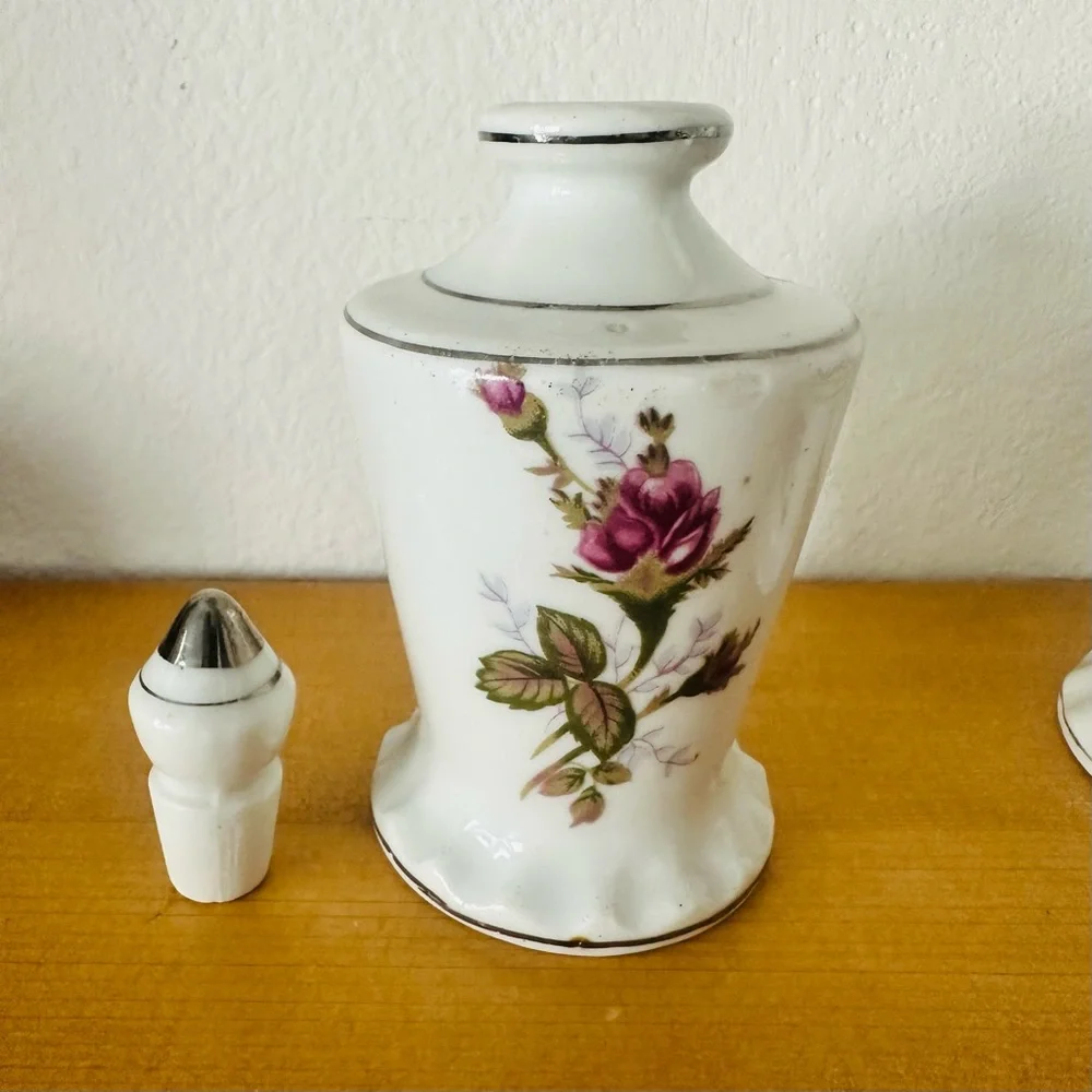 Vintage Floral Porcelain Vanity Jars - White with Pink Rose Motif
